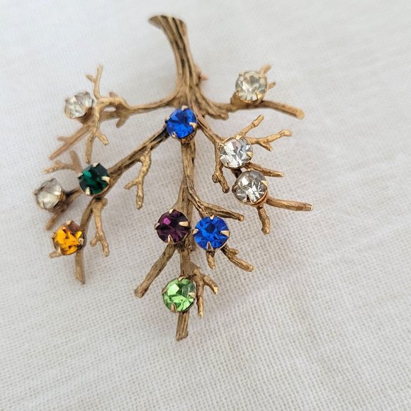 Sterling Gold Vermeil Tree of Life Brooch Pin Crystal Accents Vintage 1960s - Picture 4 of 10